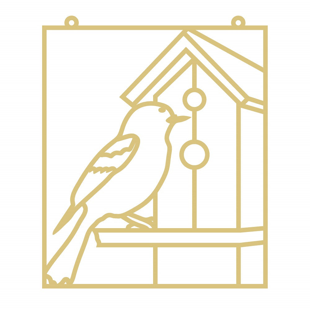 Faux Stained Glass Laser Cut Square MDF Cutout Bird On Birdhouse Window Scene - Unfinished For DIY