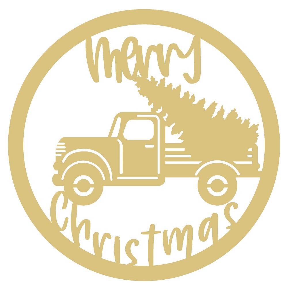 Basic Shape Round MDF Cutout Merry Christmas Truck With Tree - Unfinished For DIY