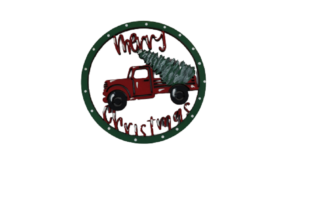 Basic Shape Round MDF Cutout Merry Christmas Truck With Tree - Unfinished For DIY