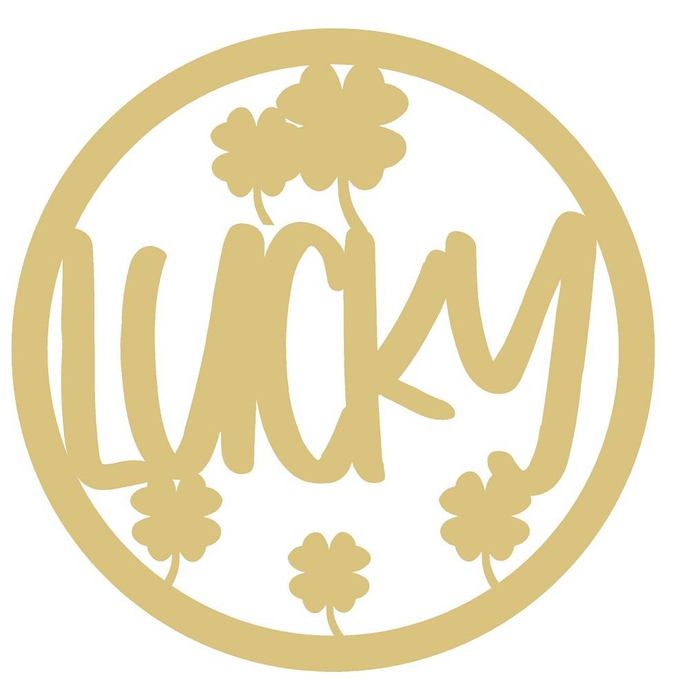 Basic Shape Round MDF Cutout Lucky Script With Clovers - Unfinished For DIY