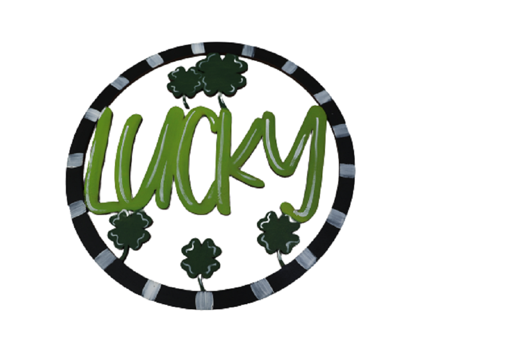Basic Shape Round MDF Cutout Lucky Script With Clovers - Unfinished For DIY