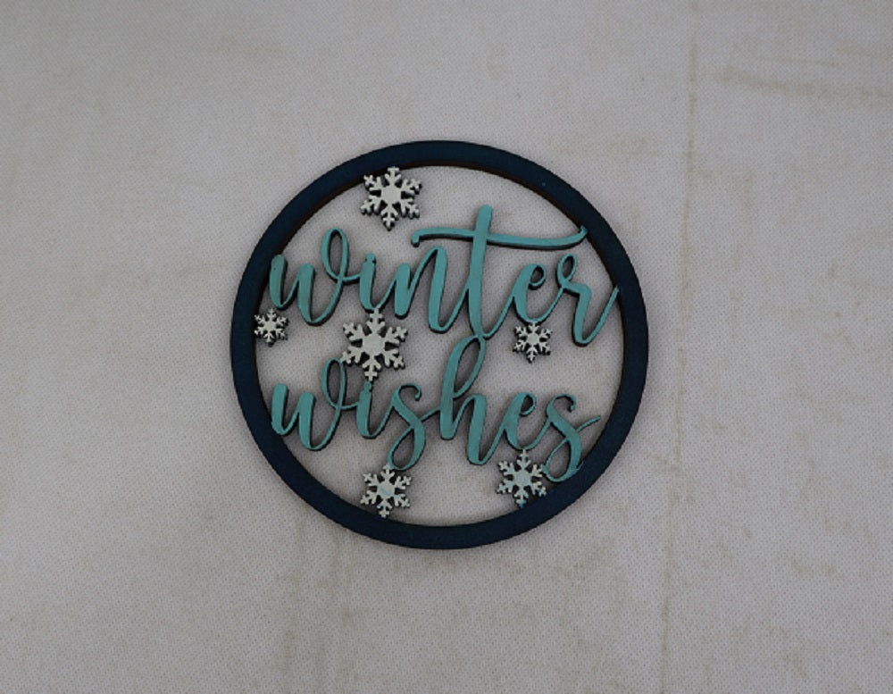 Basic Shape Round MDF Cutout Winter Wishes Script With Snowflakes - Unfinished For DIY