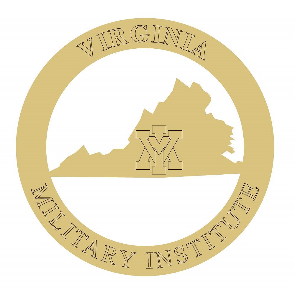Basic Shape Round MDF Cutout Virginia Military Institute Emblem Circle With Virginia Map VM Monogram - Unfinished For DIY