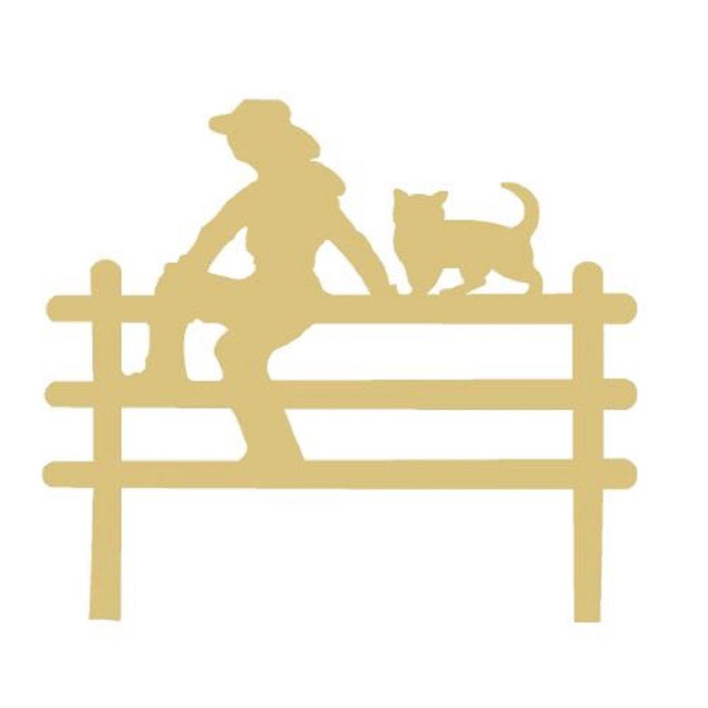 Basic Shape Cowgirl On Fence MDF Cutout Silhouette With Cat - Unfinished For DIY