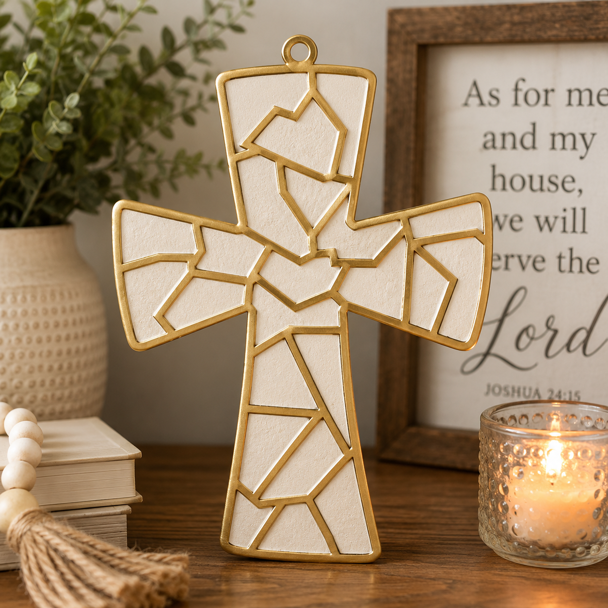 Faux Stained Glass Laser Cut Cross MDF Cutout Geometric Mosaic - Unfinished For DIY