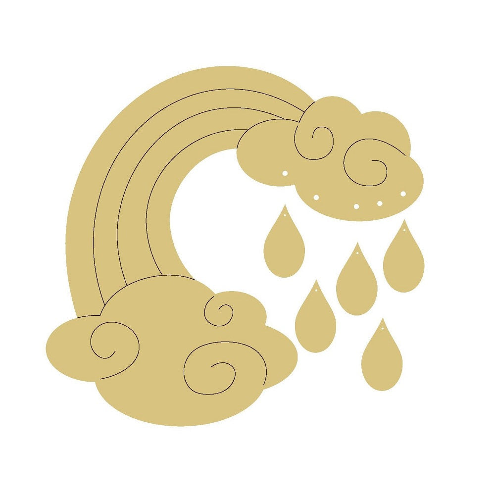 Design By Line Rainbow MDF Cutout With Clouds And Raindrops - Unfinished For DIY