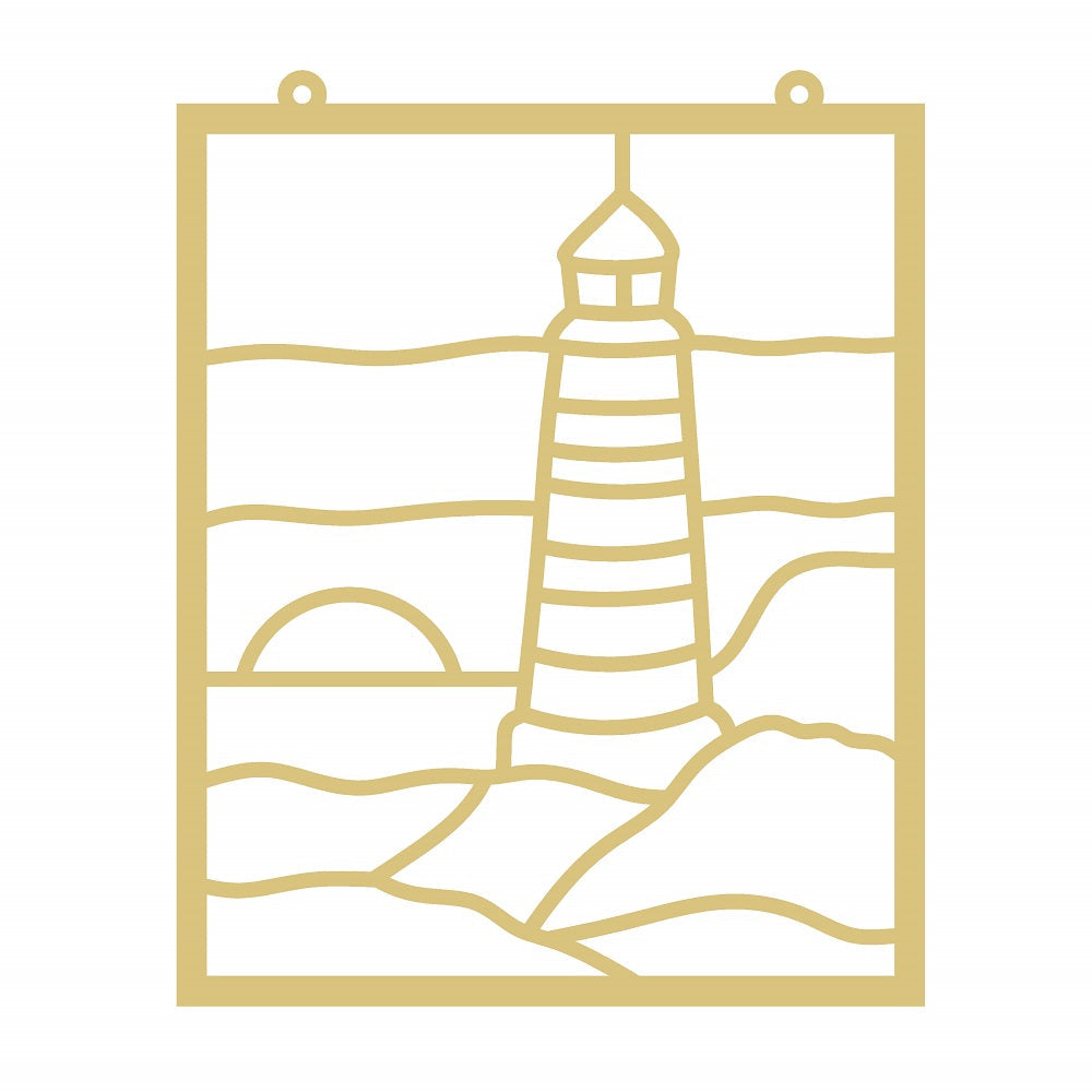 Faux Stained Glass Laser Cut MDF Cutout Square Lighthouse Sunset Scene - Unfinished For DIY