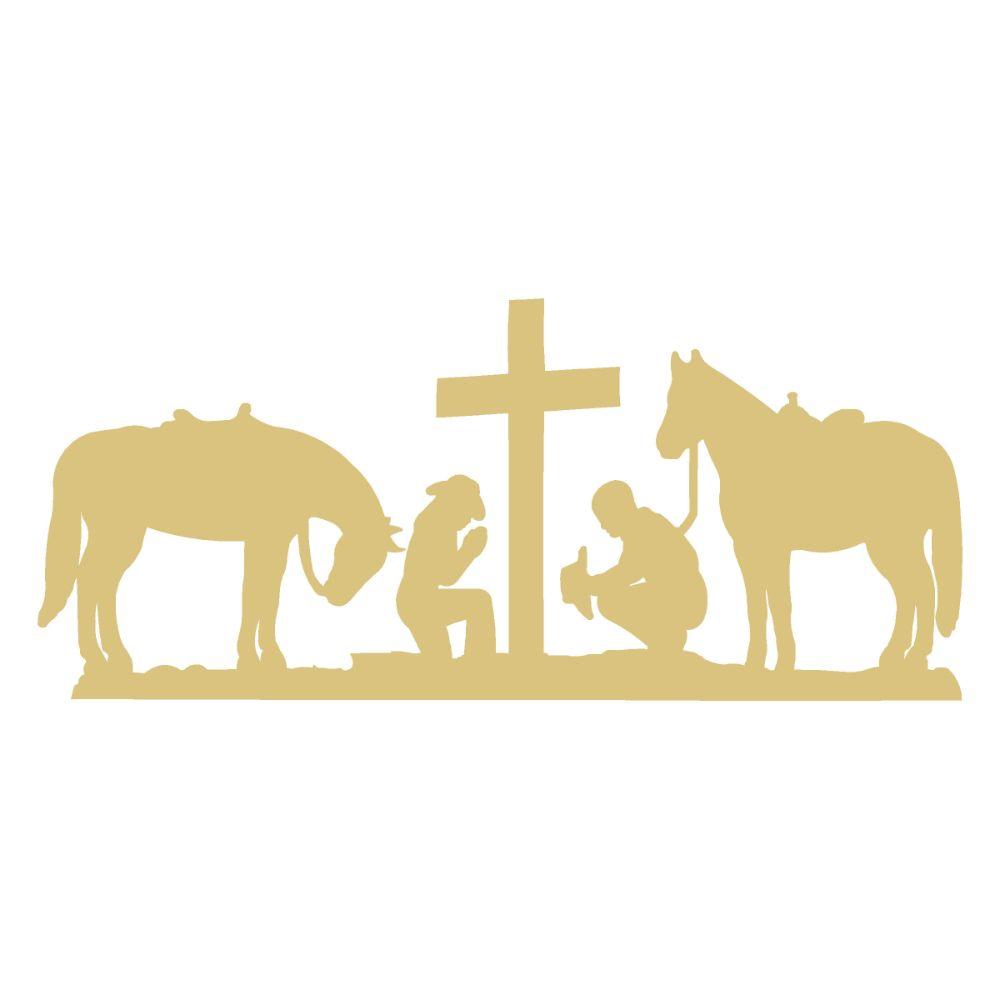 Basic Shape Silhouette MDF Cutout Praying Cross Scene With Horses - Unfinished For DIY
