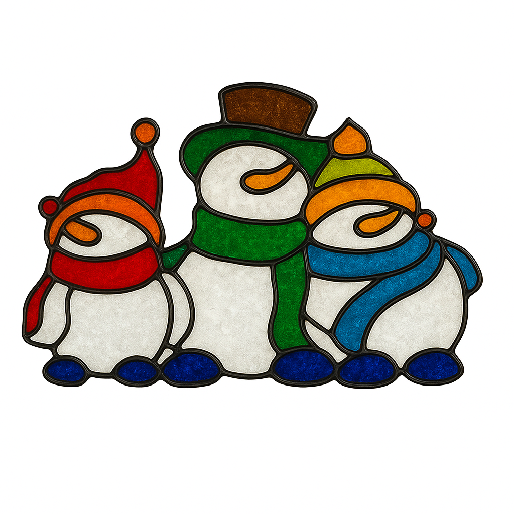 Faux Stained Glass Laser Cut MDF Cutout Snowman Trio Three Snowmen With Top Hats And Scarves - Unfinished For DIY