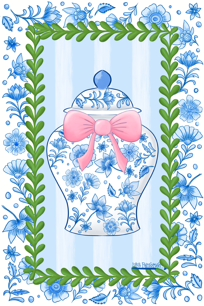 LULU'S PAINTBRUSH GINGER JAR WITH PINK RIBBON