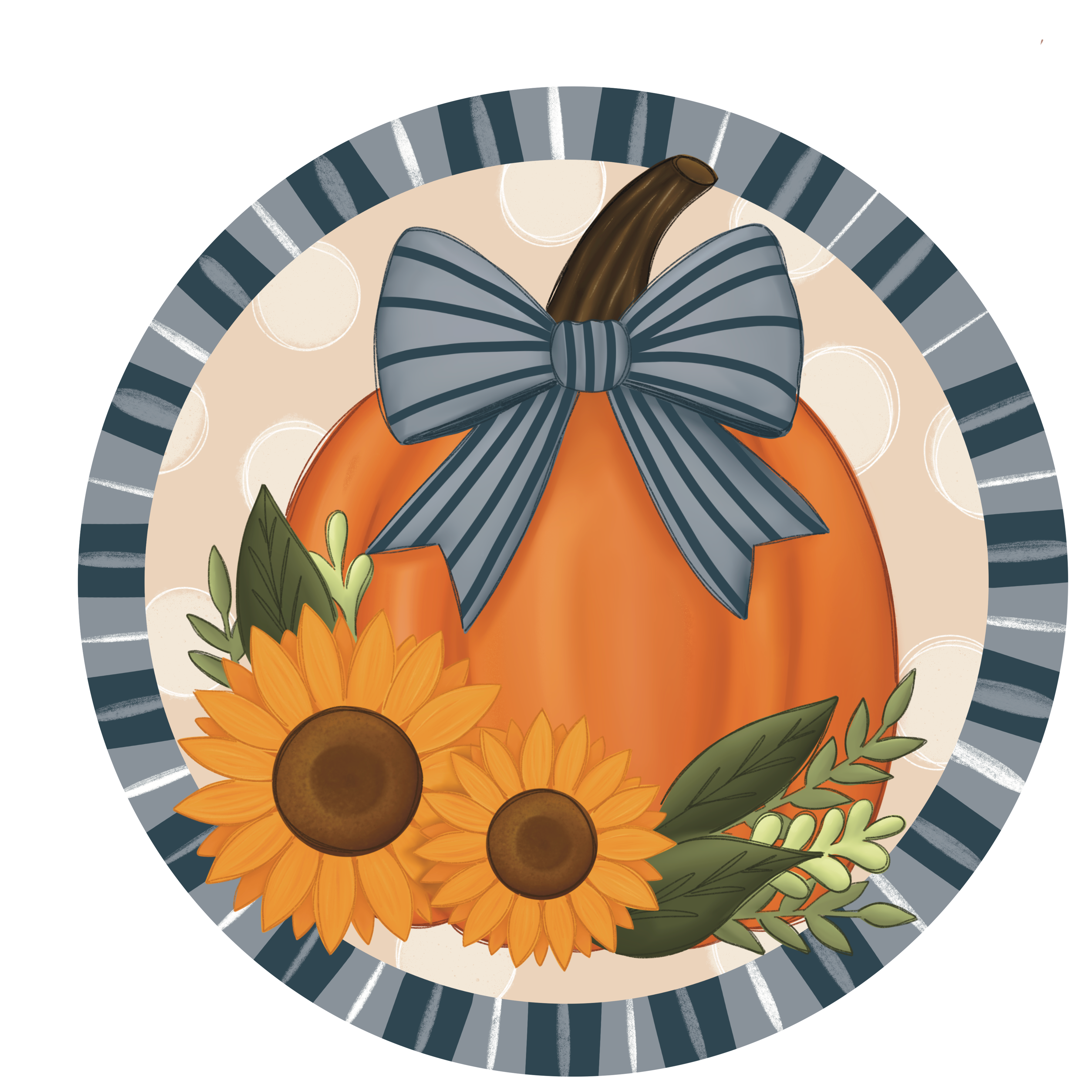 LULU'S PAINTBRUSH CIRCLE WITH BLUE BORDER AND ORANGE PUMPKIN