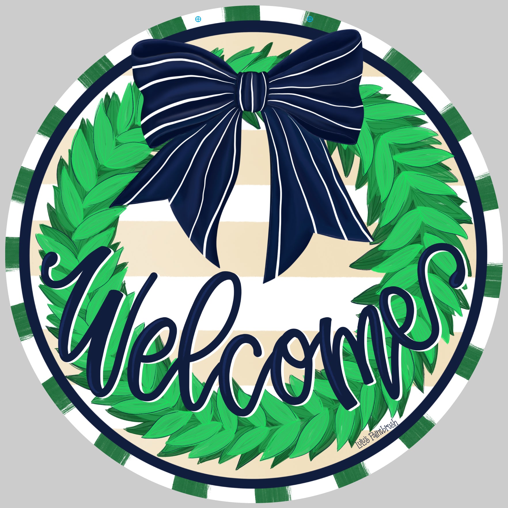 LULU'S PAINTBRUSH  ROUND GREEN WREATHE WITH WELCOME IN BLUE WITH BLUE BOW