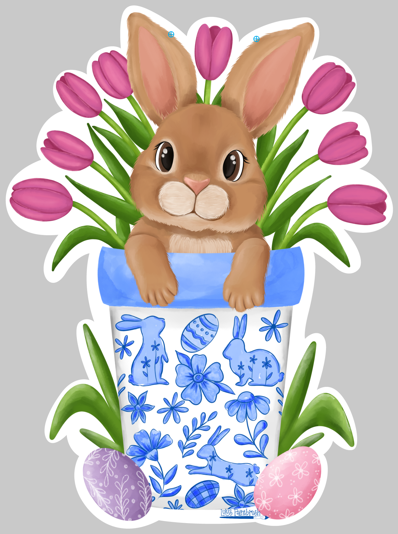 LULU'S PAINTBRUSH BLUE VASE BROWN BUNNY PINK TULIPS