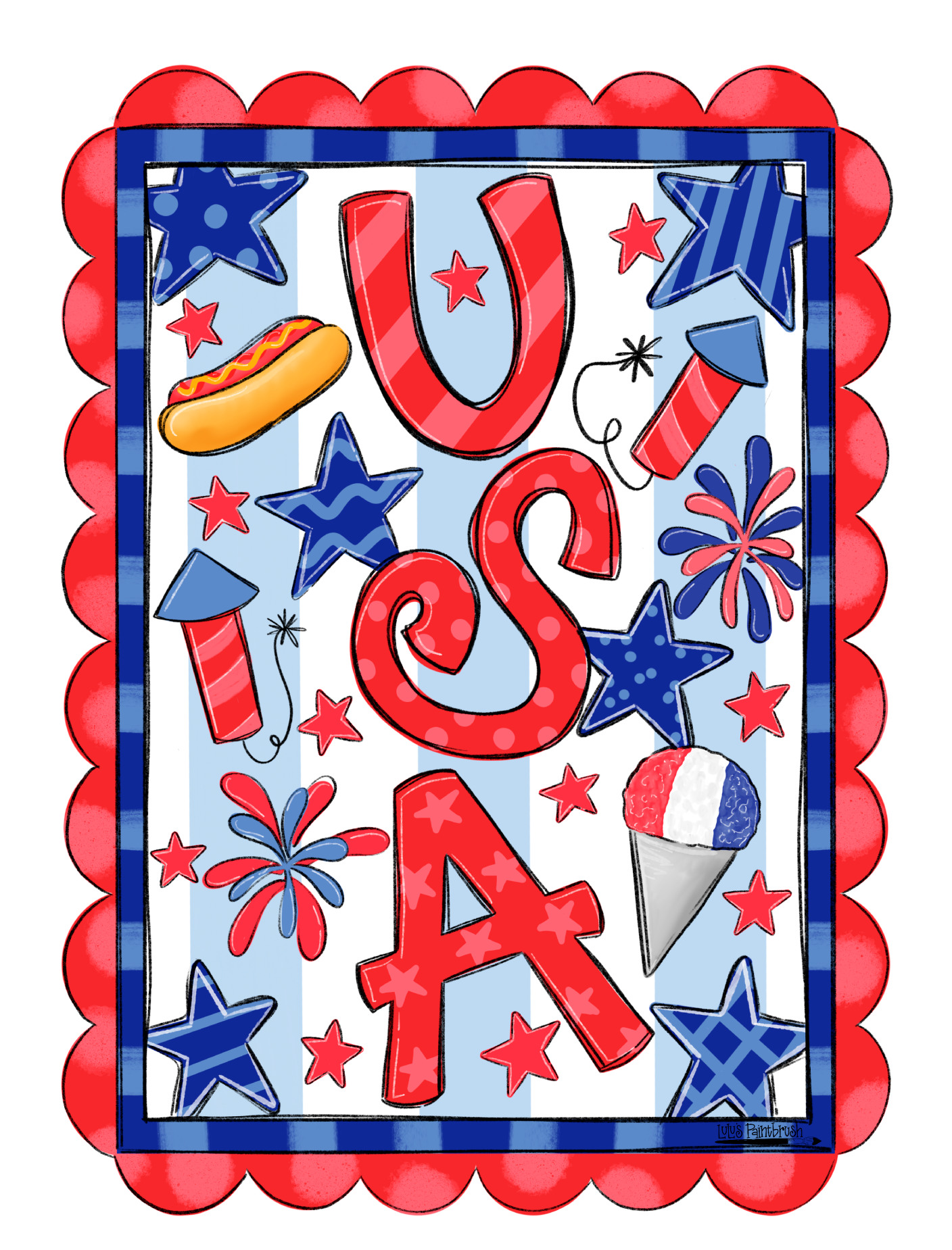 LULU'S PAINTBRUSH USA IN RED LETTERS WITH HOTDOG AND FIREWORKS RED BLUE AND WHITE