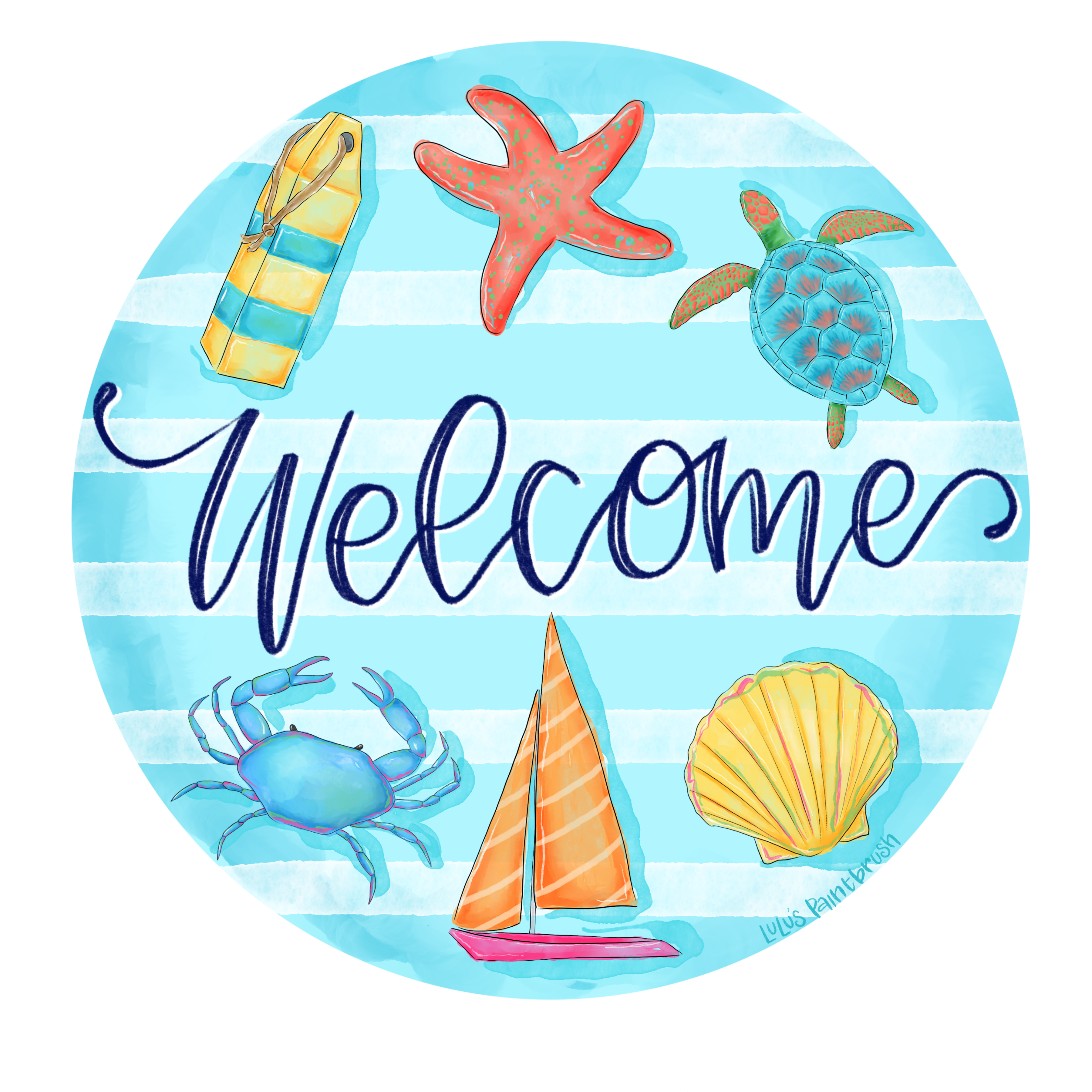 LULU'S PAINTBRUSH BLUE BACKGROUND WELCOME WITH SEA TURTLE SAILBOAT CRAB