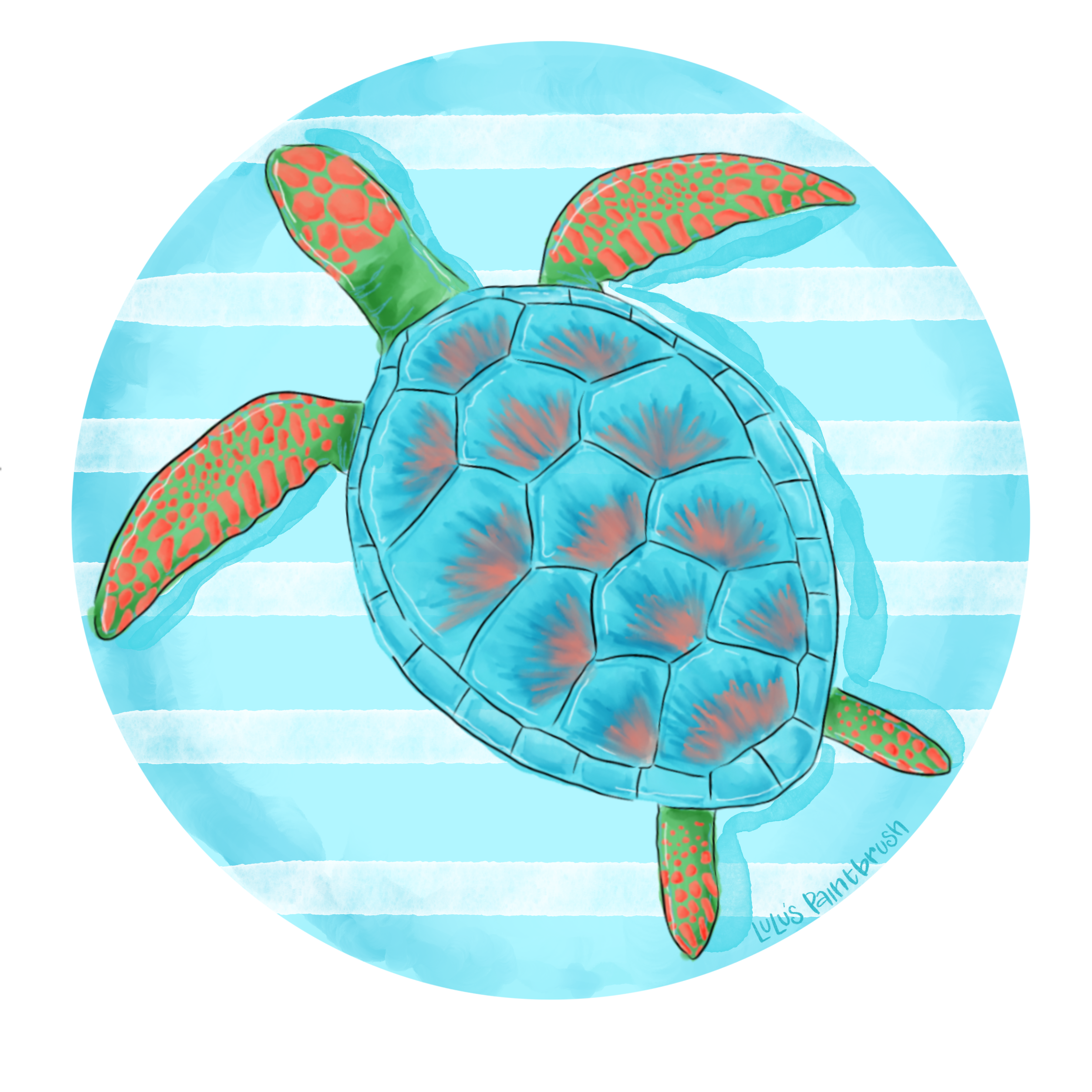LULU'S PAINTBRUSH BLUE BACKGROUND WITH SEATURTLE  BLUE GREEN AND RED