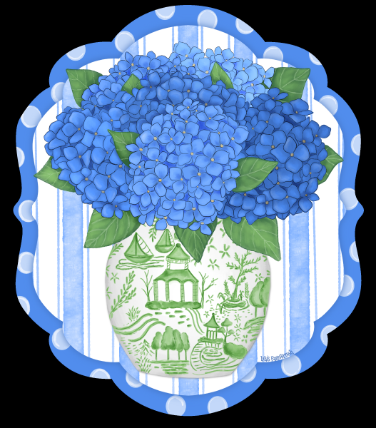 LULU'S PAINTBRUSH BLUE HYDRANGEA IN A GREEN WHITE VASE WITH BLUE WHITE BORDER