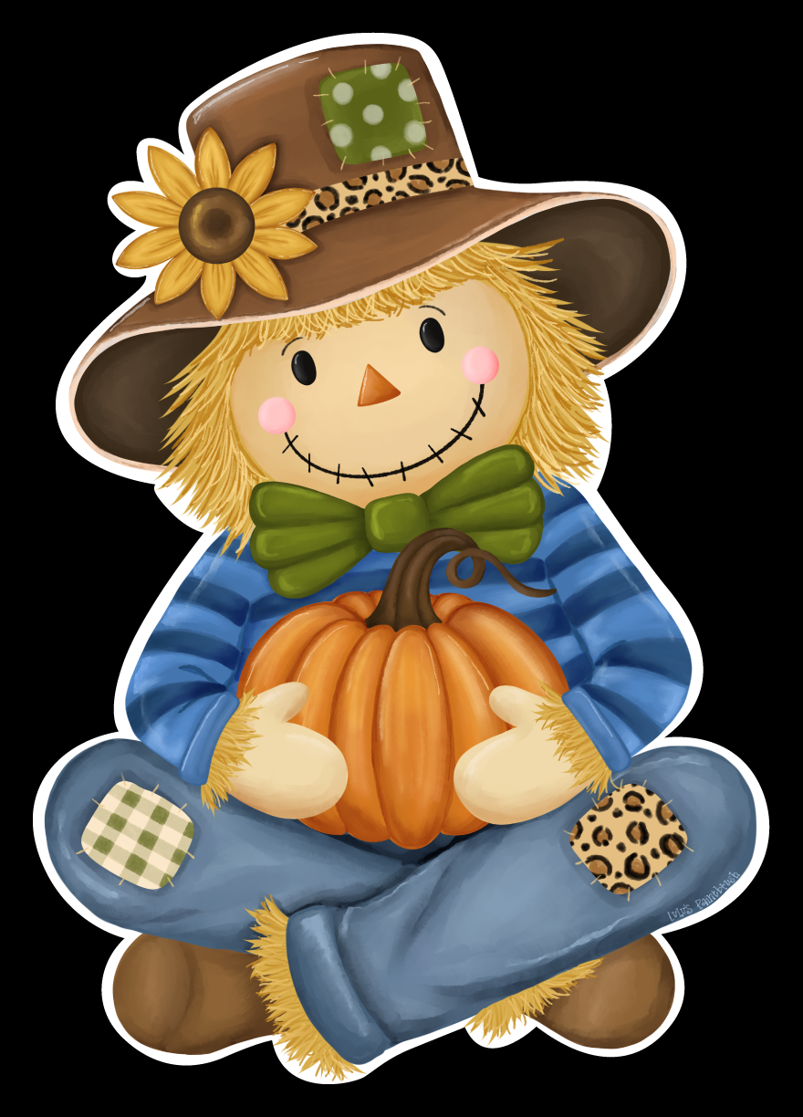 LULU'S PAINTBRUSH SCARECROW WITH BLUE SHIRT AND PANTS BROWN HAT SUNFLOWER  GREEN BOW AND PUMPKIN