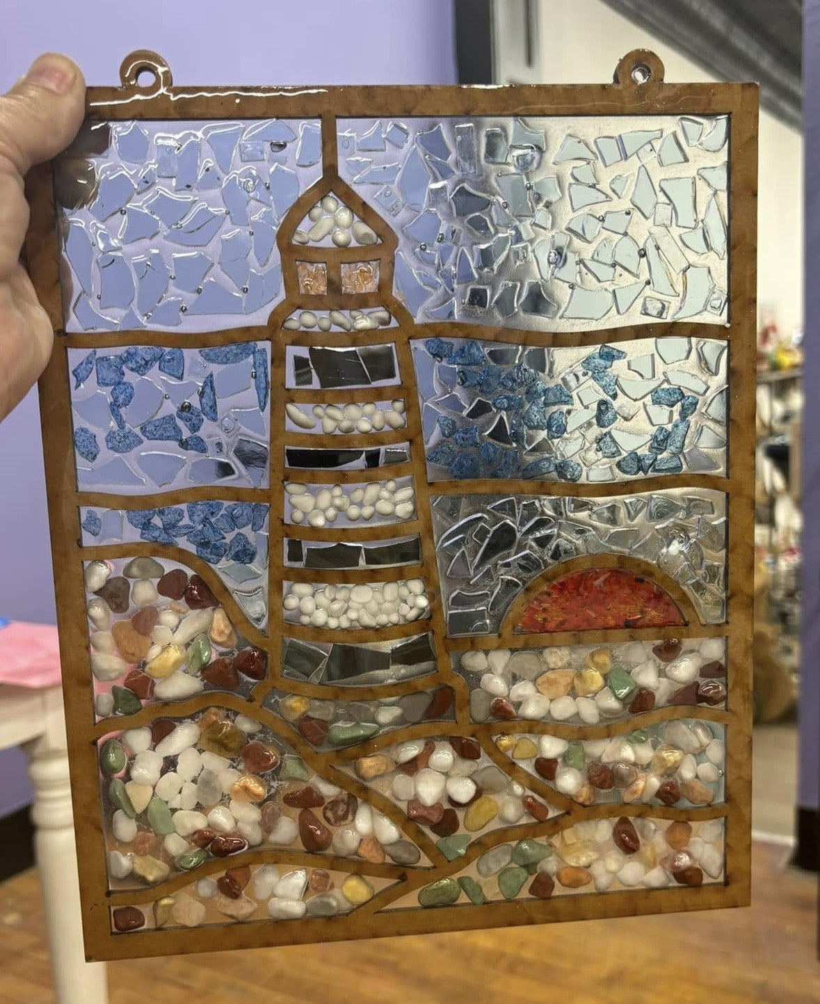 Faux Stained Glass Laser Cut MDF Cutout Square Lighthouse Sunset Scene - Unfinished For DIY