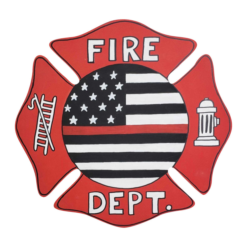 Design By Line Maltese Cross MDF Cutout Fire Dept Emblem With American Flag Circle - Unfinished For DIY