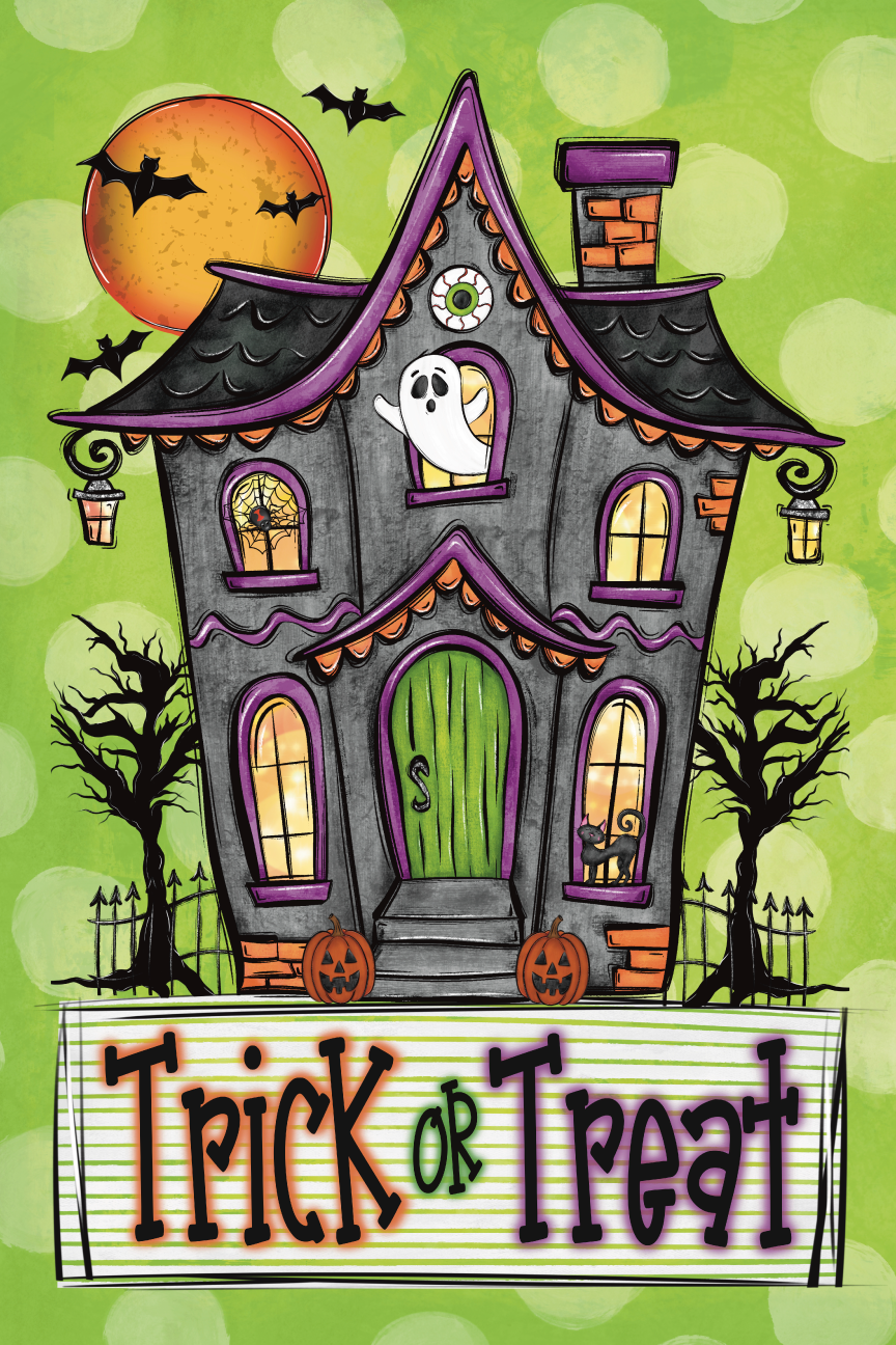 MELANIE MCINTOSH  HAUNTED HOUSE GREEN BACKGROUND TRICK OR TREAT