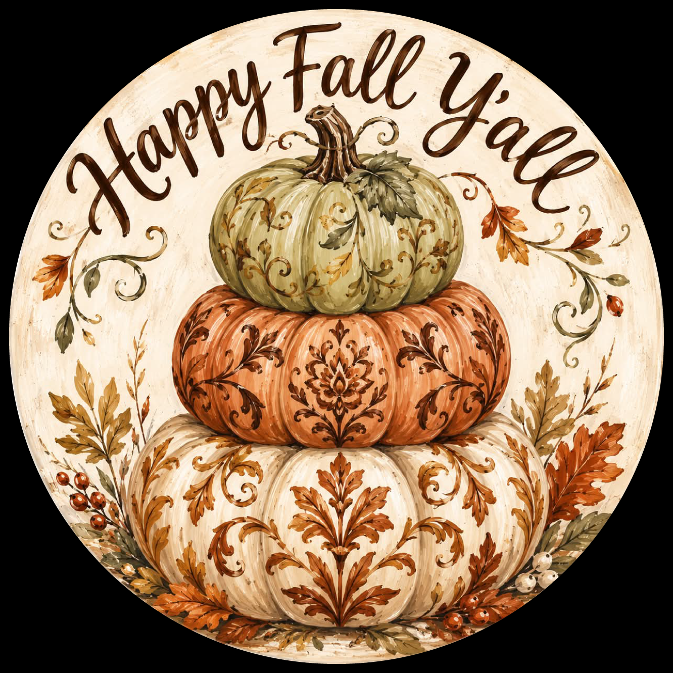 MARLAS WILLIAMSON HAPPY FALL Y'ALL THREE PUMPKINS CREAM ORANGE AND GREEN AND BROWNSTACKED