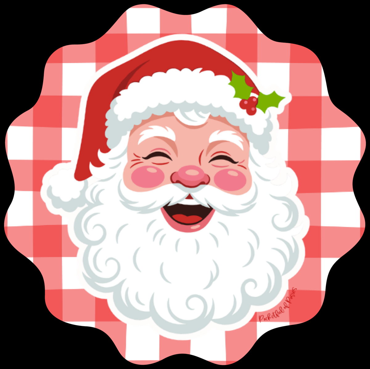 Maizy Wollenburg SANTA WITH A RED AND WHITE CHECKERED PATTERN BEHIND HIM