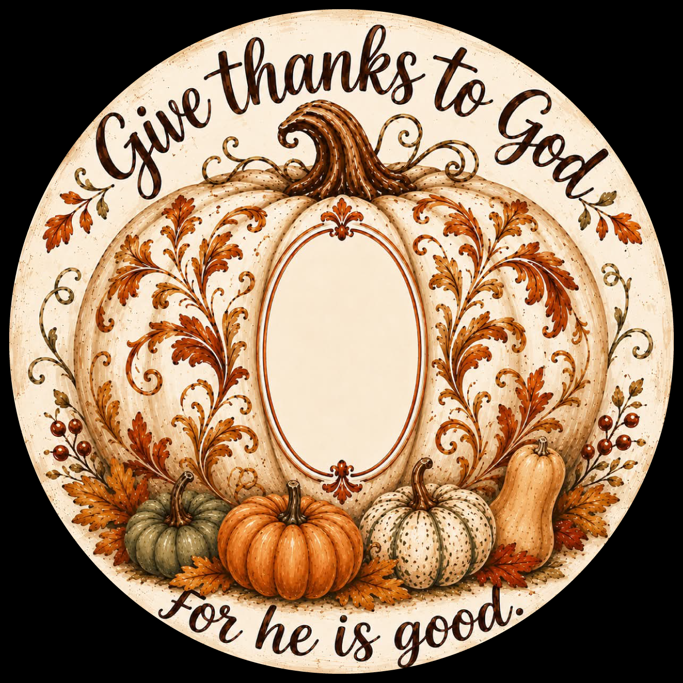 MARLAS WILLIAMSON GIVE THANKS TO GOD FOR HE IS GOOD CREAM AND BROWN PUMPKIN COLORFUL SMALLER PUMPKINS