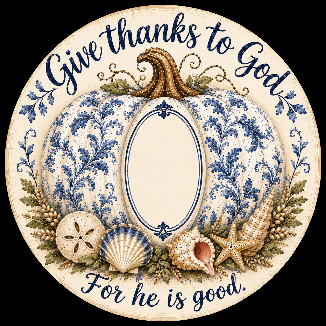 MARLAS WILLIAMSON GIVE THANKS TO GOD FOR HE IS GOOD CREAM AND BLUE PUMPKIN SEA SHELL