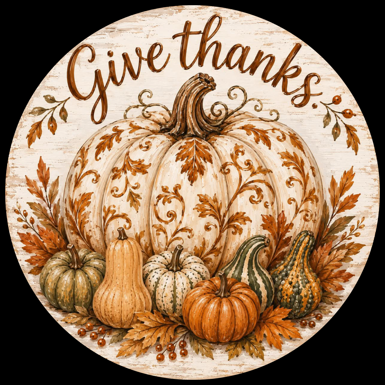 MARLAS WILLIAMSON GIVE THANKS CREAM BROWN PUMPKIN WITH SQUASH GOURDS