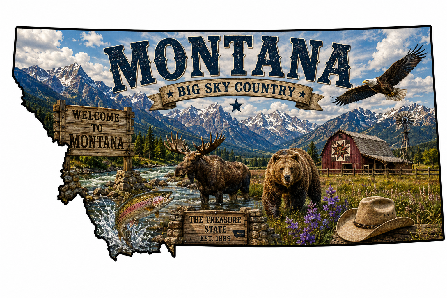 Print Ready Montana Big Sky Country Door Hanger – Montana State Wildlife Sign – Full Color MDF Front Door Decor