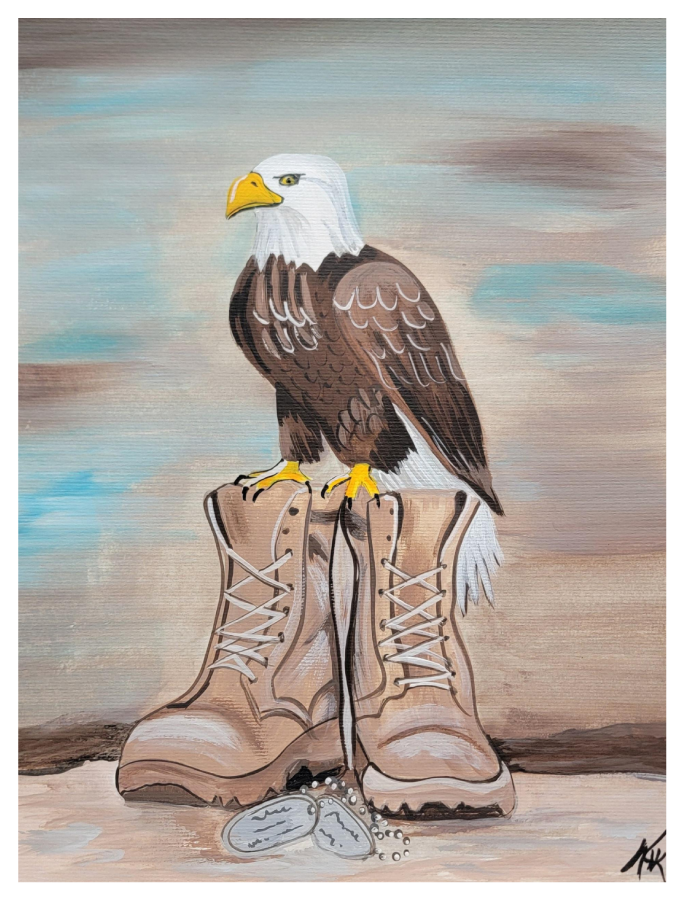Noreen Knight EAGLE SITTING ONTOP OF MILITARY BOOTS
