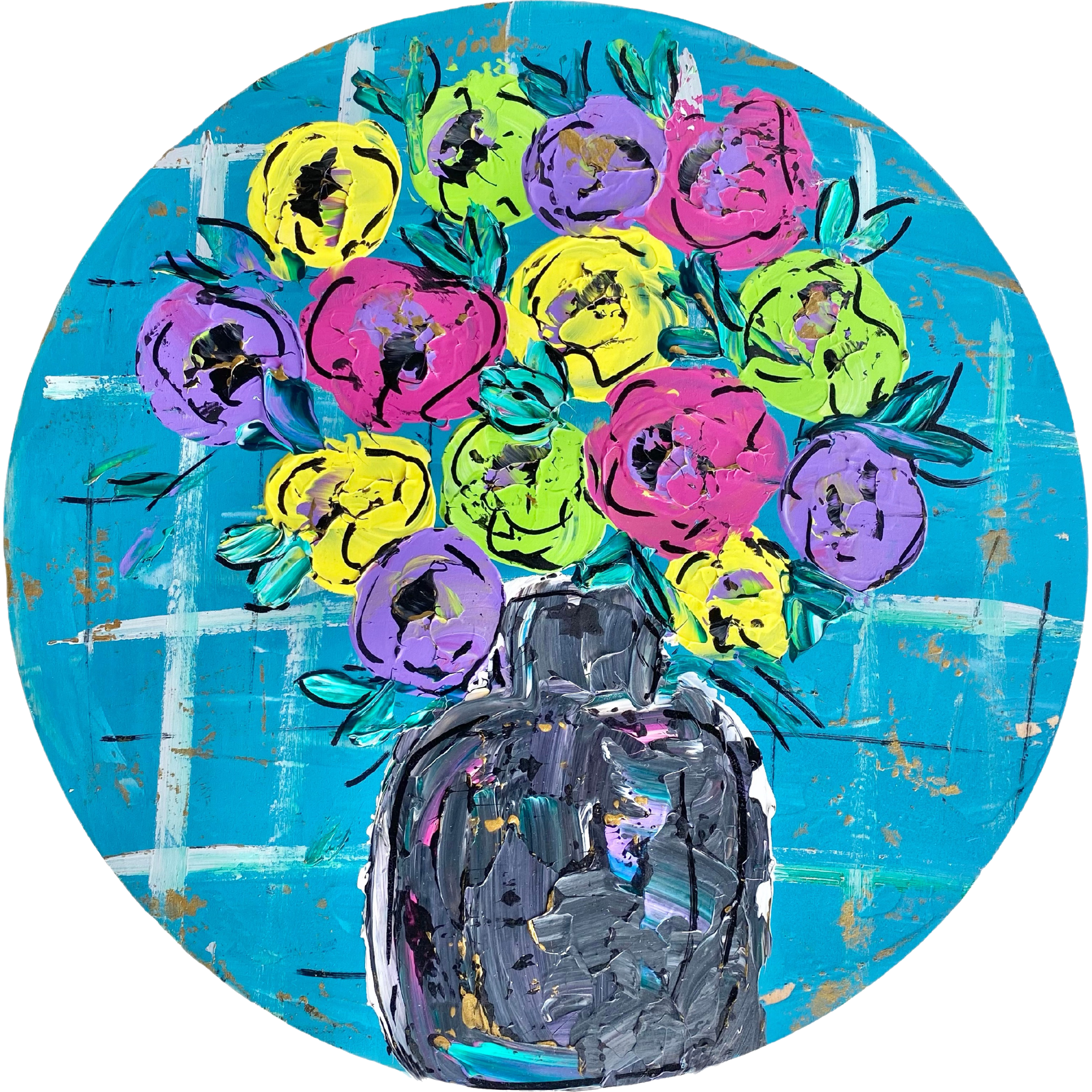 VICK CRAFTS CIRCLE WITH PINK PURPLE AND YELLOW FLOWERS