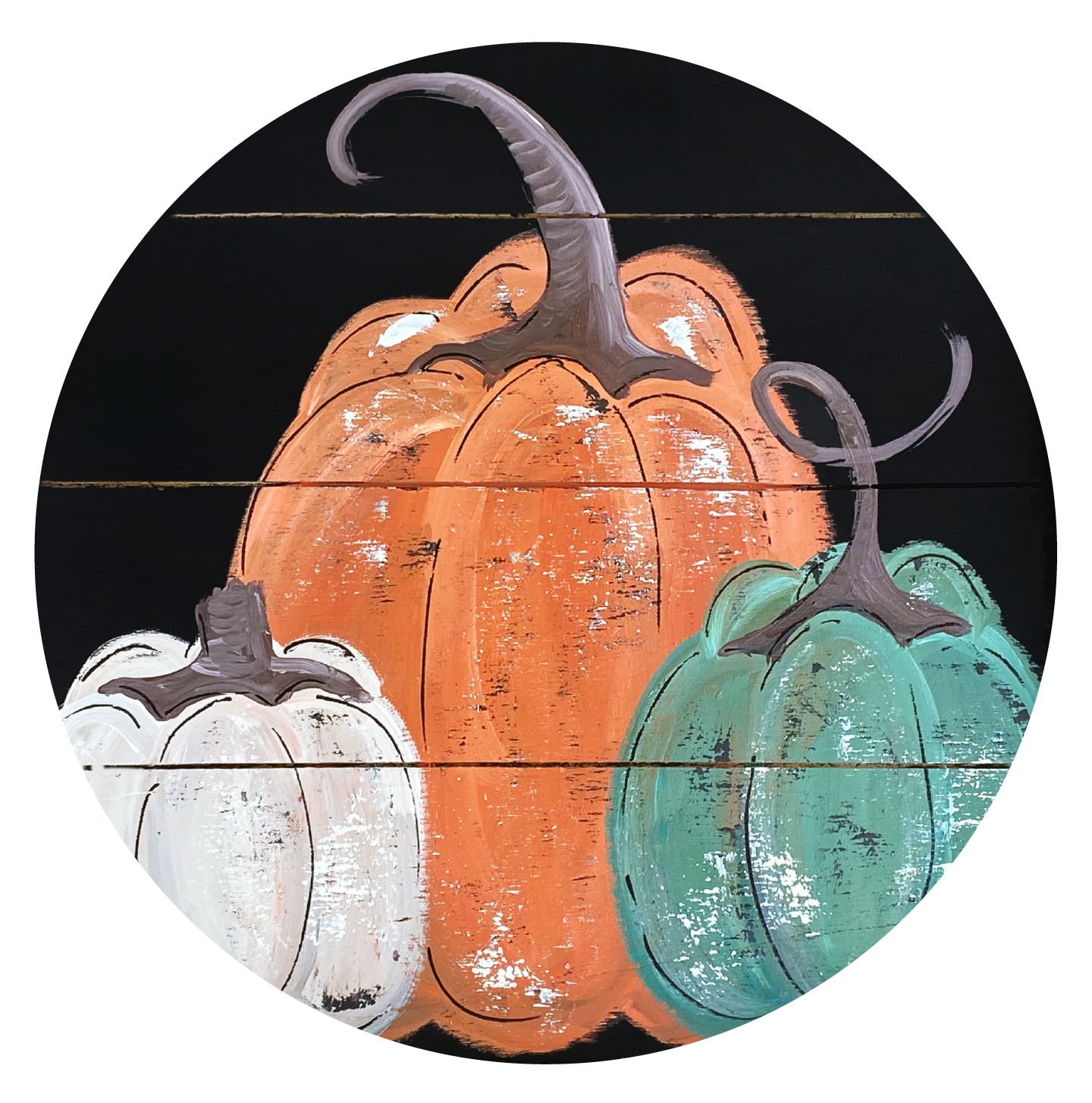 VICK CRAFTS PALLET CIRCLE WITH WHITE, ORANGE AND BLUE PUMPKINS