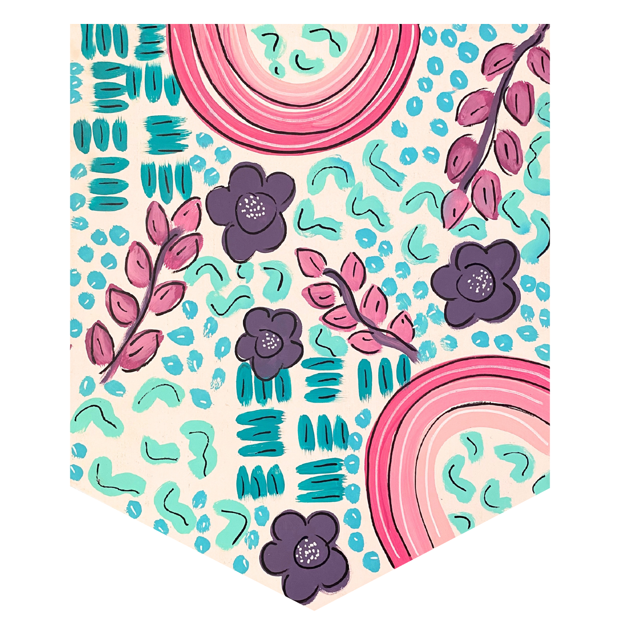 VICK CRAFTS BANNER WITH PINK RAINBOWS AND PURPLE FLOWERS