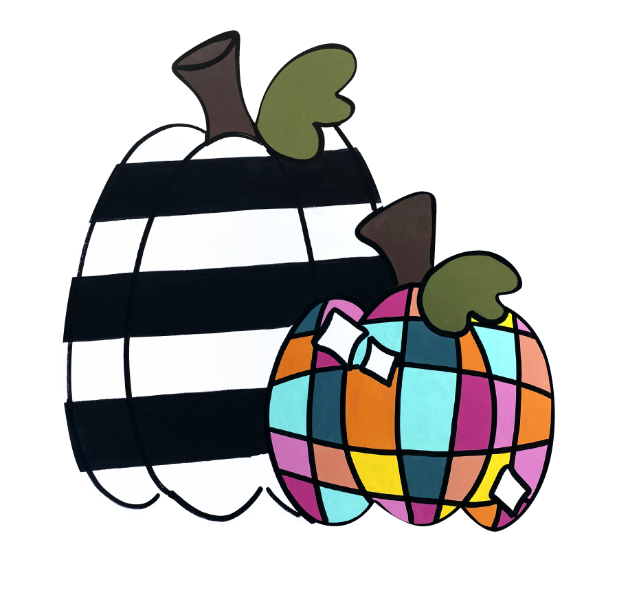 VICK CRAFTS BLACK AND WHITE STRIPED PUMPKIN WITH SMALL MULTI COLORED PUMPKIN