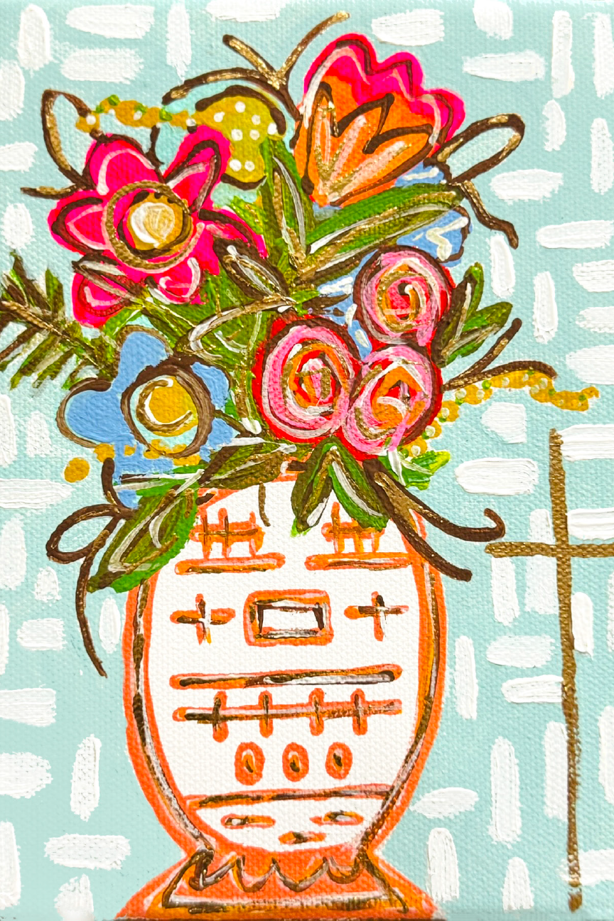 OLIVE TREE CORINTH COLORFUL FLOWERS IN ORANGE AND WHITE VASE