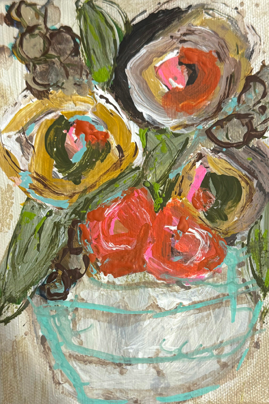 OLIVE TREE CORINTH RED YELLOW FLOWER WITH TEAL AND GREY POT