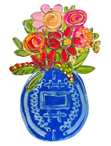 OLIVE TREE CORINTH RED YELLOW PINK FLOWERS IN A BLUE VASE