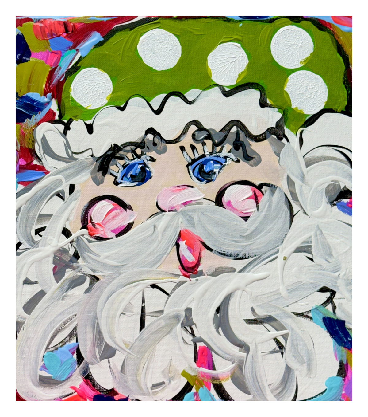 OLIVE TREE CORINTH SANTA WITH GREEN HAT WHITE DOTS AND PINK CHEEKS BLUE EYES