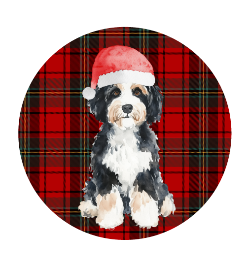 PIPPA BLU DESIGNS ROUND PLAID BERNADOODLE WITH SANTA HAT