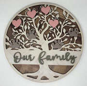 3D Print Shop Round MDF Cutout Our Family Tree With Hearts And Paw Prints - Printed Design for Display