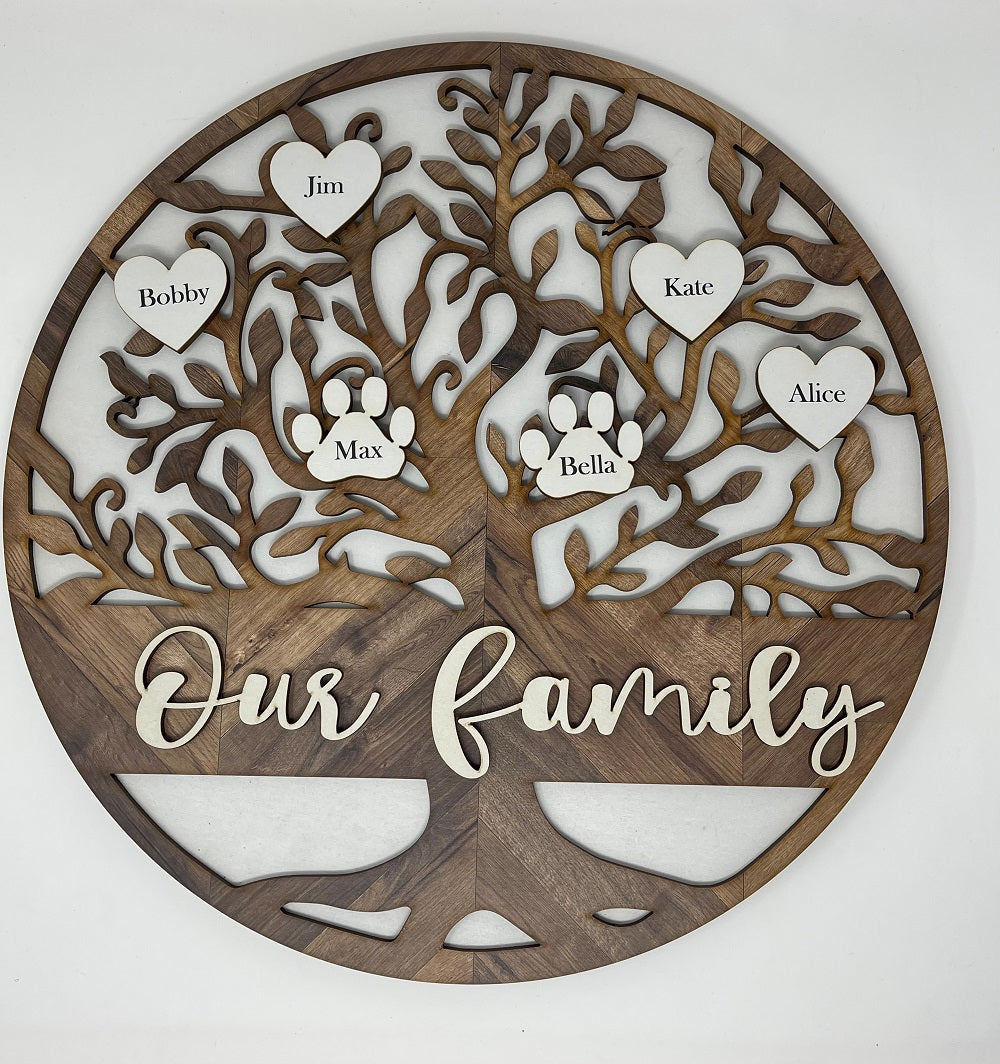 3D Print Shop Round MDF Cutout Our Family Tree With Heart Names - Prin ...