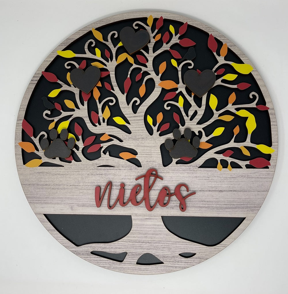 3D Print Shop Round MDF Cutout Tree With Hearts And Colorful Leaves Paw Prints And Nietos Text - Printed Design for Display