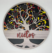 3D Print Shop Round MDF Cutout Tree With Hearts And Colorful Leaves Paw Prints And Nietos Text - Printed Design for Display