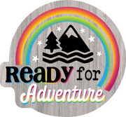 Print Shop Rouond MDF Cutout Ready For Adventure Rainbow Arch Mountain Scene