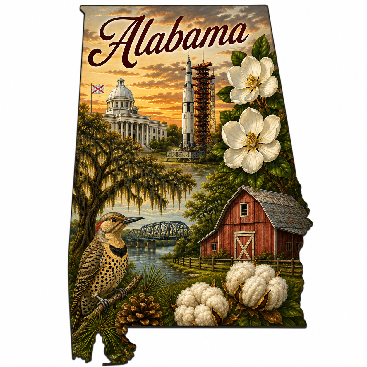 Print Ready Alabama Heart of Dixie Door Hanger – Alabama State Landmarks & Southern Pride Sign – Full Color MDF Front Door Decor