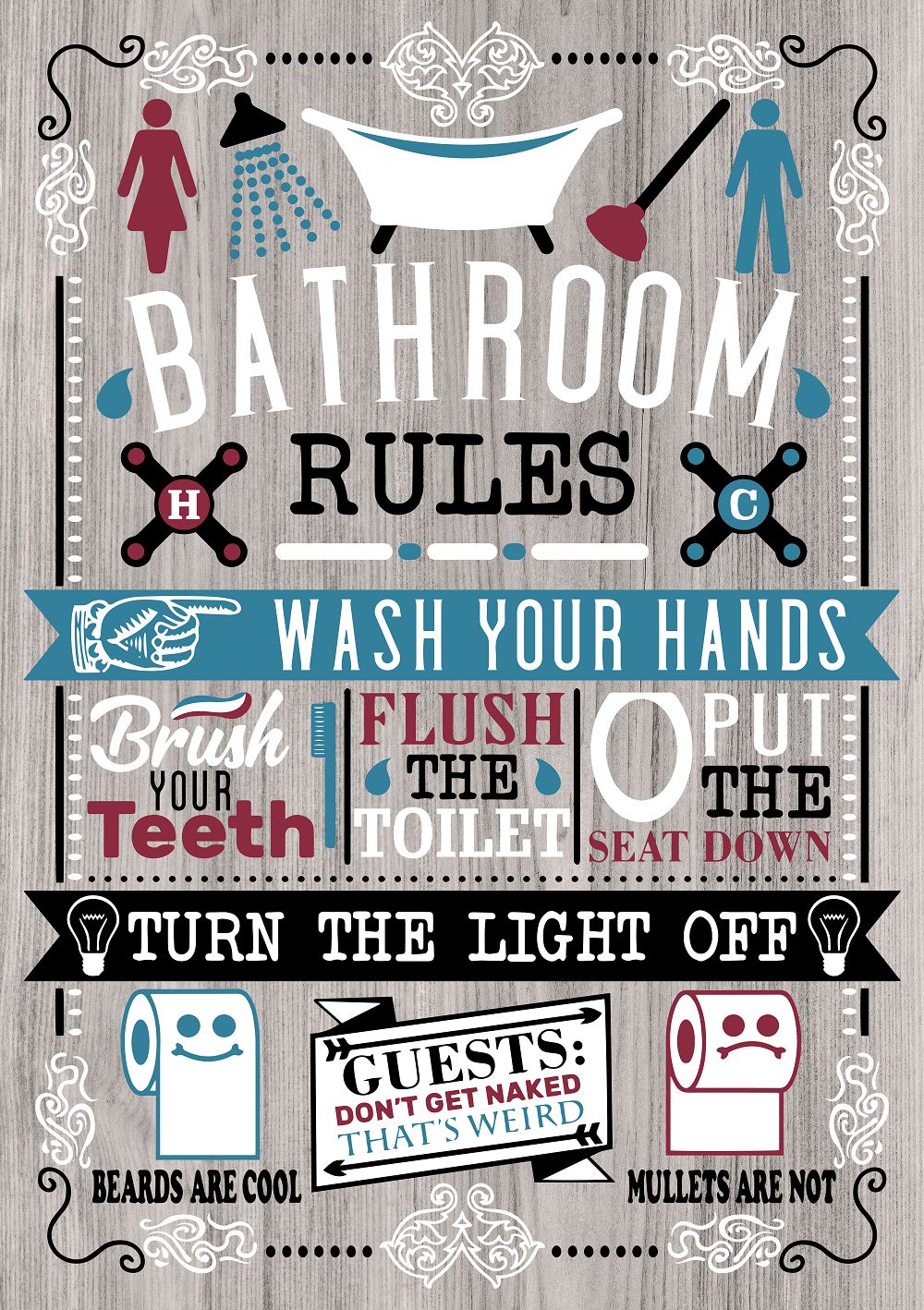 Print Shop Rectangle Sign MDF Cutout Bathroom Rules Wash Your Hands And Toilet Etiquette