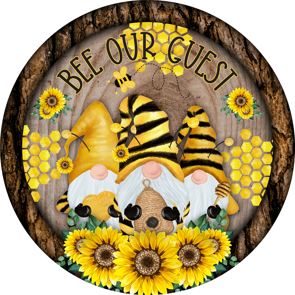Print Shop Round MDF Cutout Bee Our Guest Gnomes With Sunflowers And Honeycomb