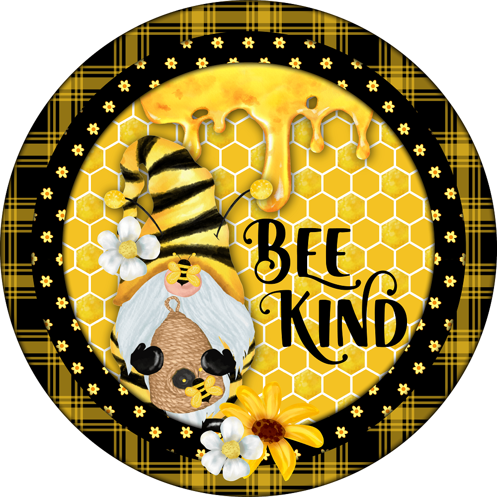 Print Shop Round MDF Cutout Bee Kind Gnome With Honeycomb Pattern, Floral Accents And Honey Drip